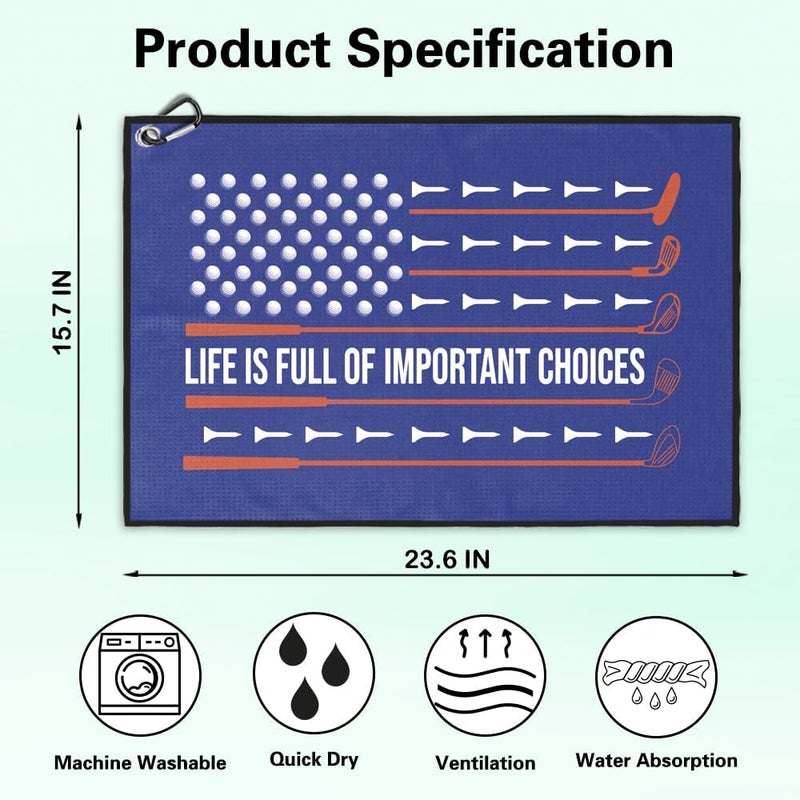 Msticey Life is Full of Important Choices Printed Microfiber Golf Towel with Clip, Great Golf Gifts for Dad Mom, Father's Day Golfer Birthday Retirement Gifts, Golf Accessories Veterans Day Gifts - Image 2